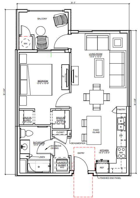 Floor plan for 1 bed, 1 bath, 634 sqft